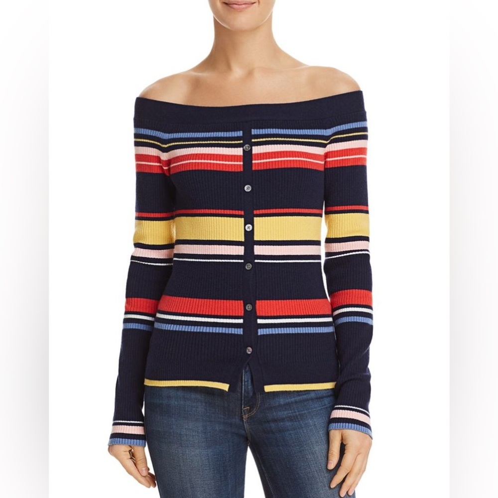FRAME STRIPPED OFF SHOULDER SWEATER (S)